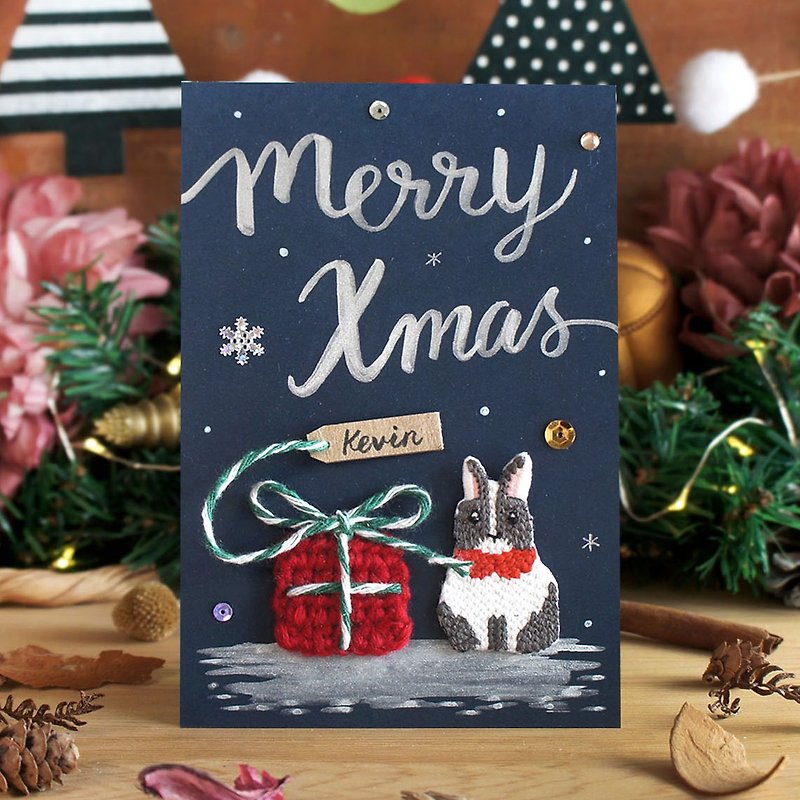 限量聖誕節手工客製明信片-雪地裡的兔子與禮物 - 心意卡/卡片 - 紙 白色
