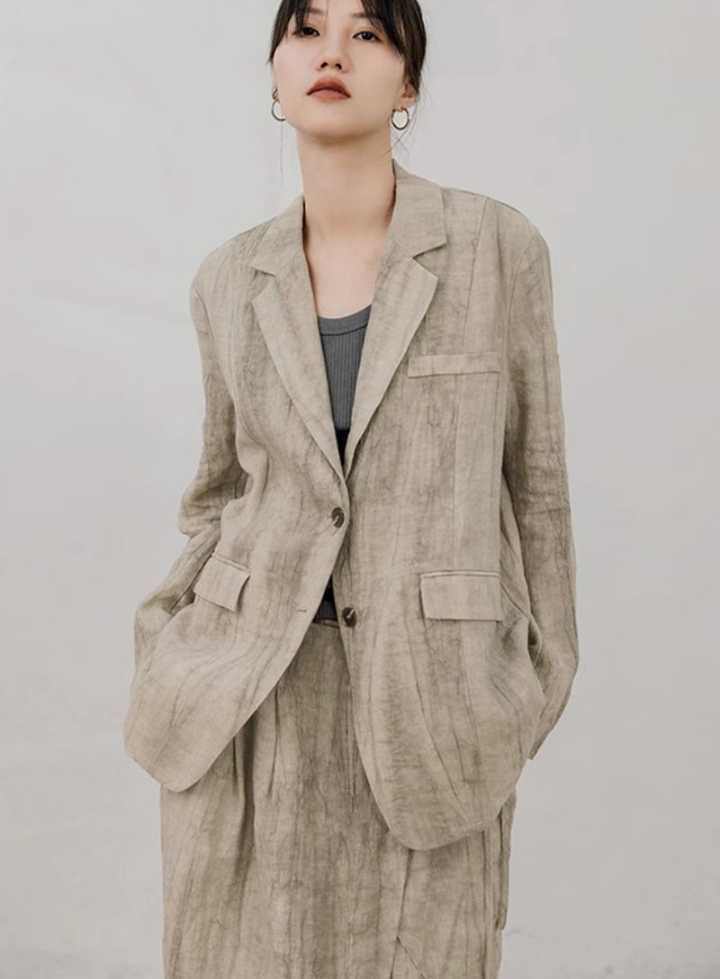 法式休閒 詫寂風廓形扎染西裝 - 女上衣/長袖上衣 - 其他材質 灰色