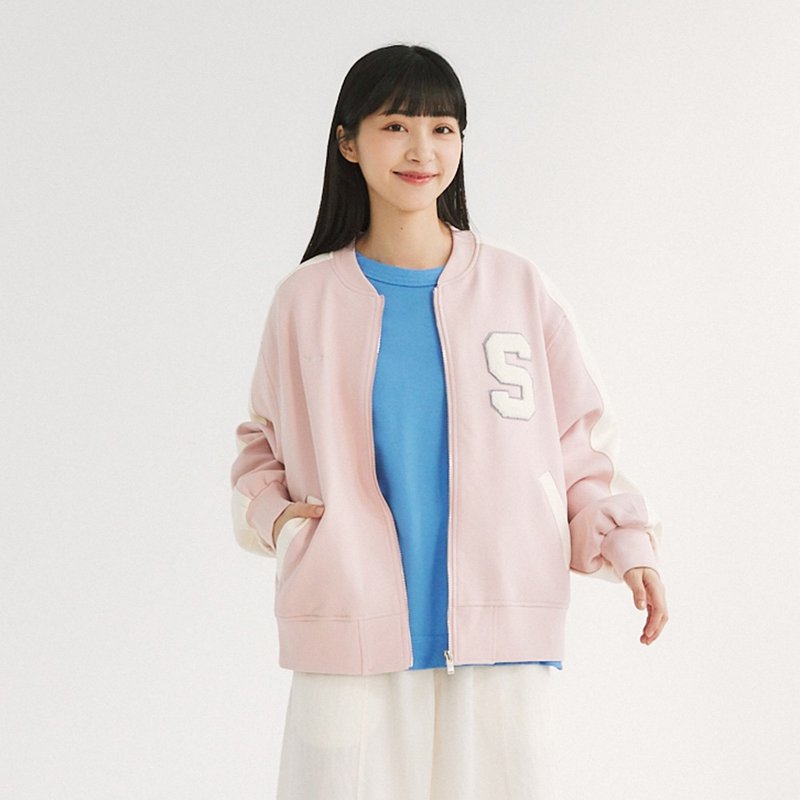 【Simply Yours】經典拼色棒球外套 粉紅F - 女大衣/外套 - 棉．麻 粉紅色
