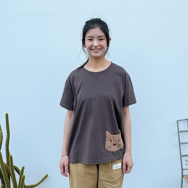 Hana Mokuba 圓領小貓口袋休閒上衣 - 女上衣/長袖上衣 - 其他材質 