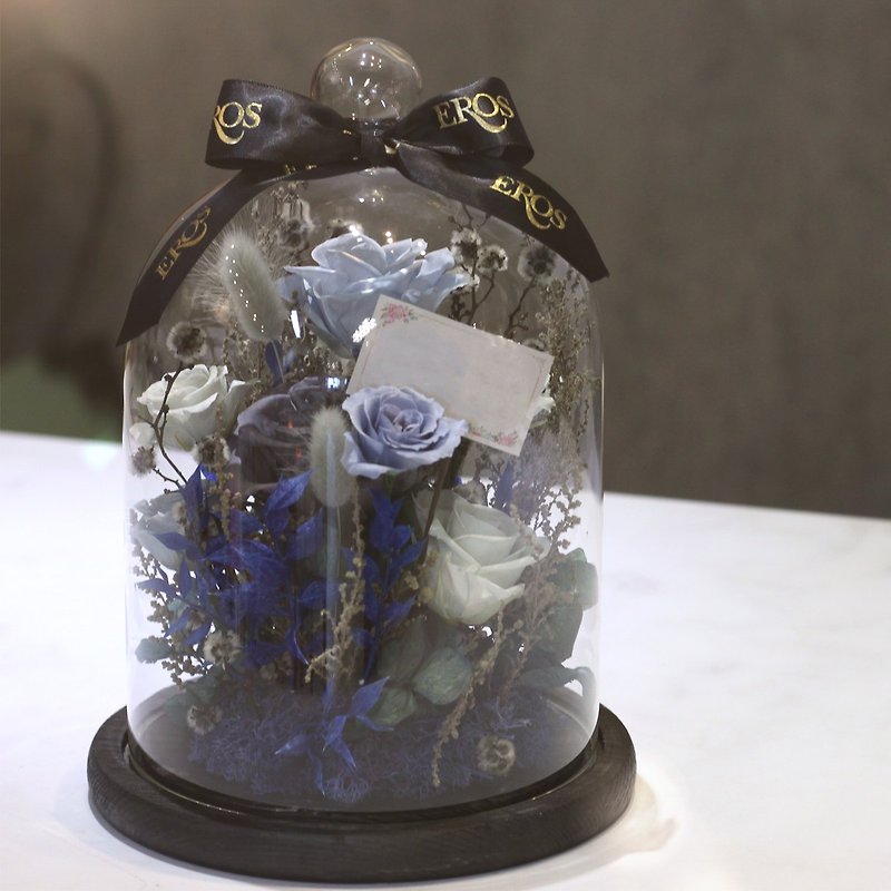 Custom-made eternal flower glass cover/light gray blue glass cover/without flower gift/dry flower/rose - ช่อดอกไม้แห้ง - พืช/ดอกไม้ สีน้ำเงิน