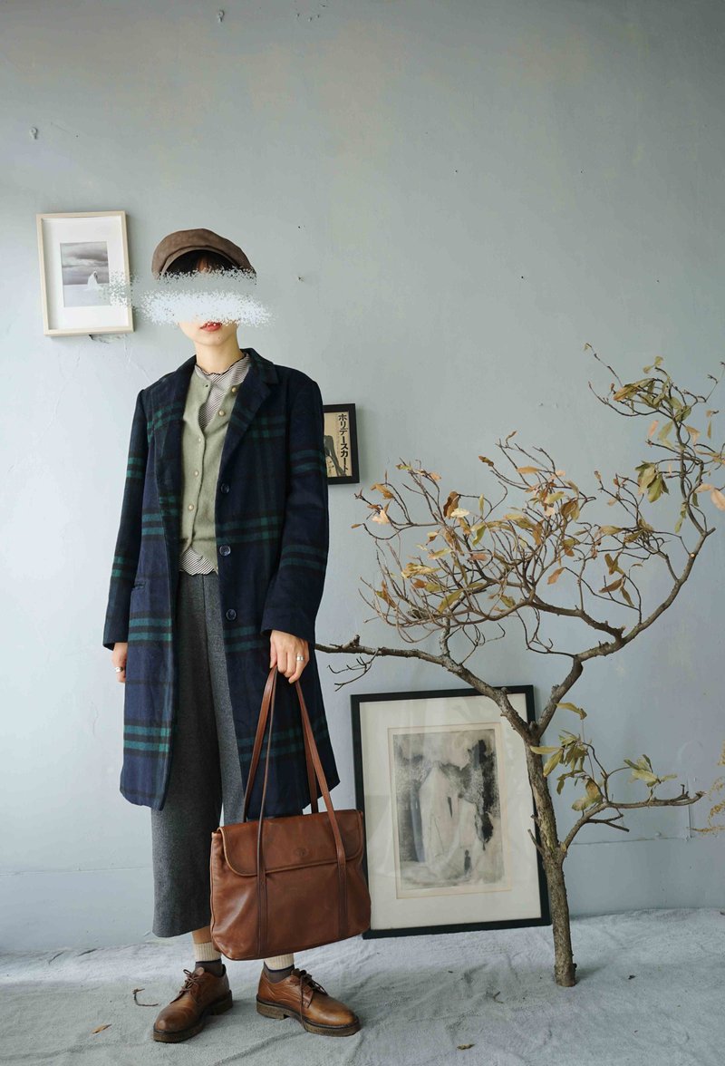 Treasure Hunting Vintage - Classic Green Plaid Long Slim Coat Jacket - เสื้อแจ็คเก็ต - เส้นใยสังเคราะห์ สีเขียว