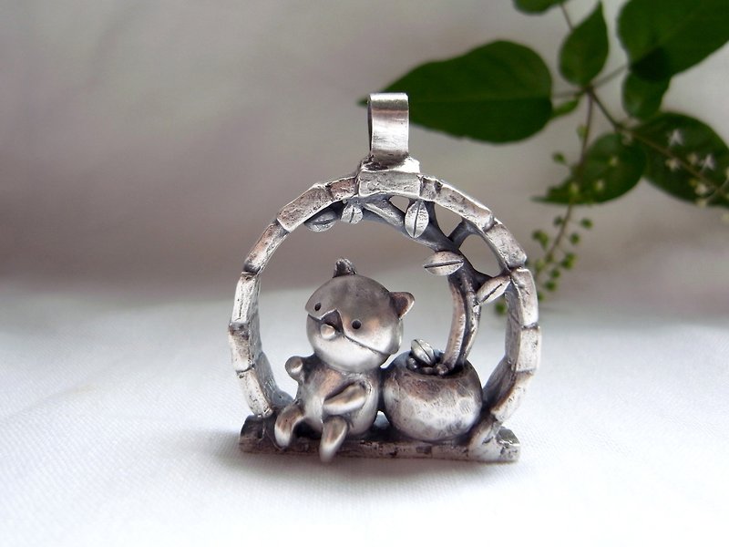 Happiness--Cat--Pendant Necklace with Wax Rope - Necklaces - Sterling Silver Gray