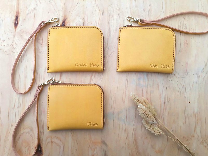 5-compartment L-shaped zipper coin purse (with wrist strap)│Vegetable tanned leather, hand-dyed and brandable - Coin Purses - Genuine Leather Yellow