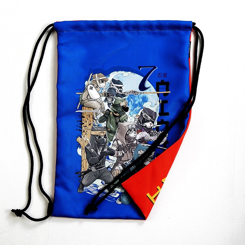 7 Ninja Cat/ Samurai Dog/ Back-Front drawstring bag Canvas Reduce global warming - 水桶袋/索繩袋 - 其他材質 白色