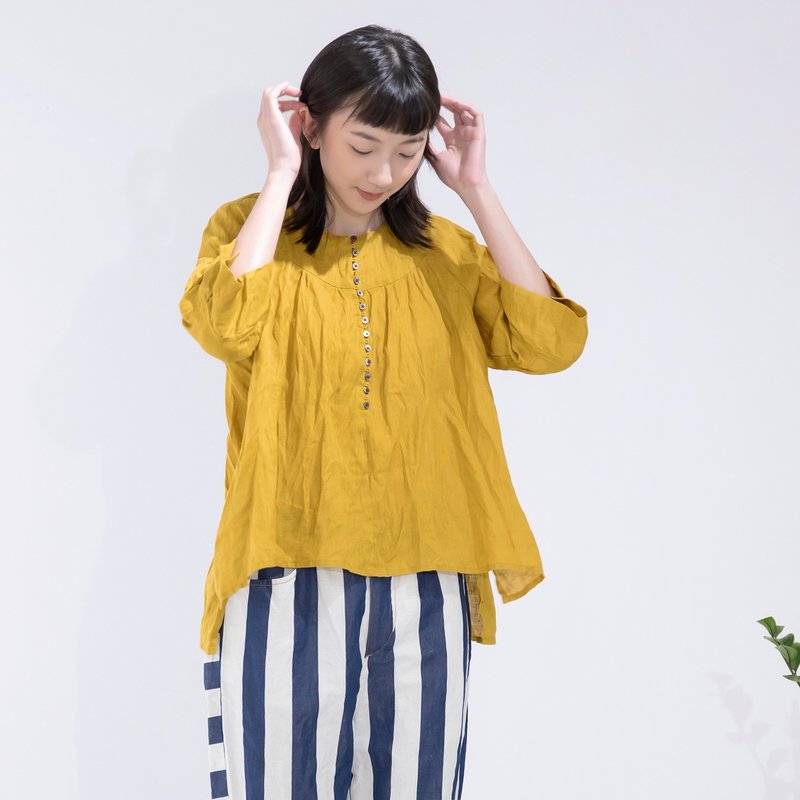 Linen top with multiple buttons and three-quarter sleeves - Women's Tops - Linen Yellow