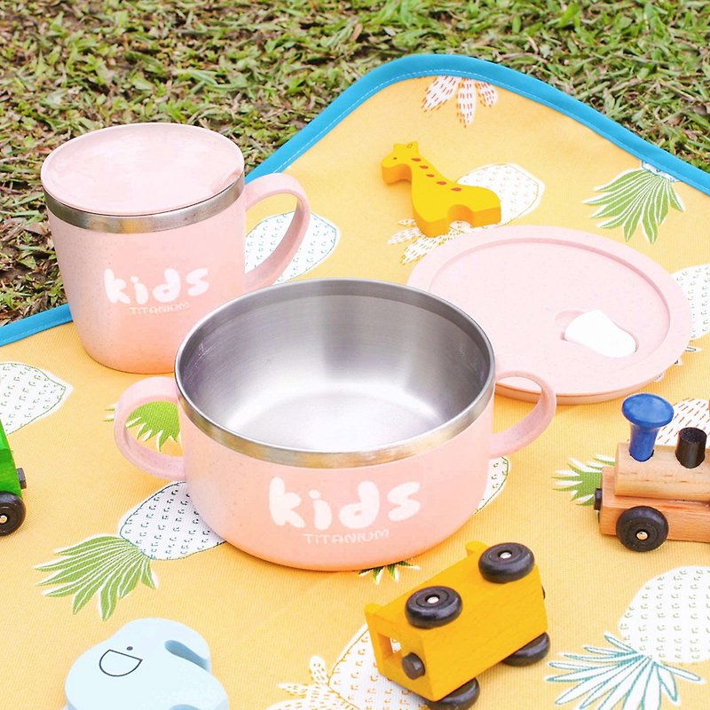 Pure titanium children's learning cup leak-proof bowl two-piece group (double cup + leak-proof bowl) - peach powder - Camping Gear & Picnic Sets - Other Materials Pink