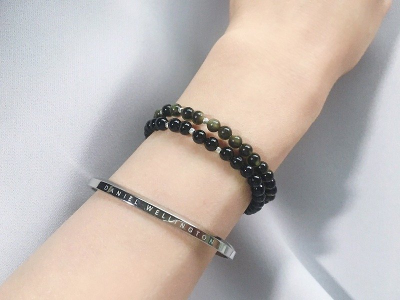 (Ofelia.) Natural Sands Obsidian x Pure Silver Grain Simple Bracelet (J75.Greta) Crystal - Bracelets - Gemstone Black
