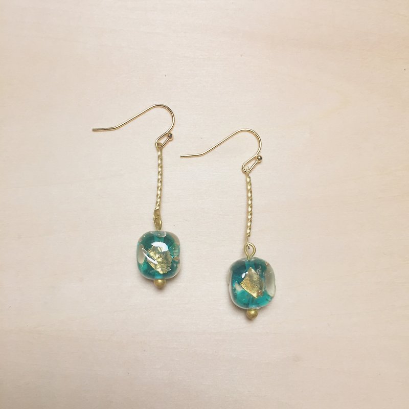 Vintage Teal round side square gold and silver foil glazed earrings - ต่างหู - กระจกลาย สีเขียว