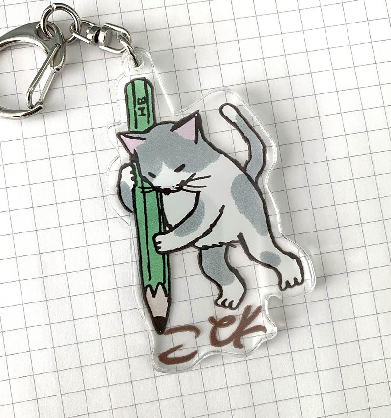 アクリルキーホルダー　えんぴつ猫 - 鑰匙圈/鑰匙包 - 紙 橘色
