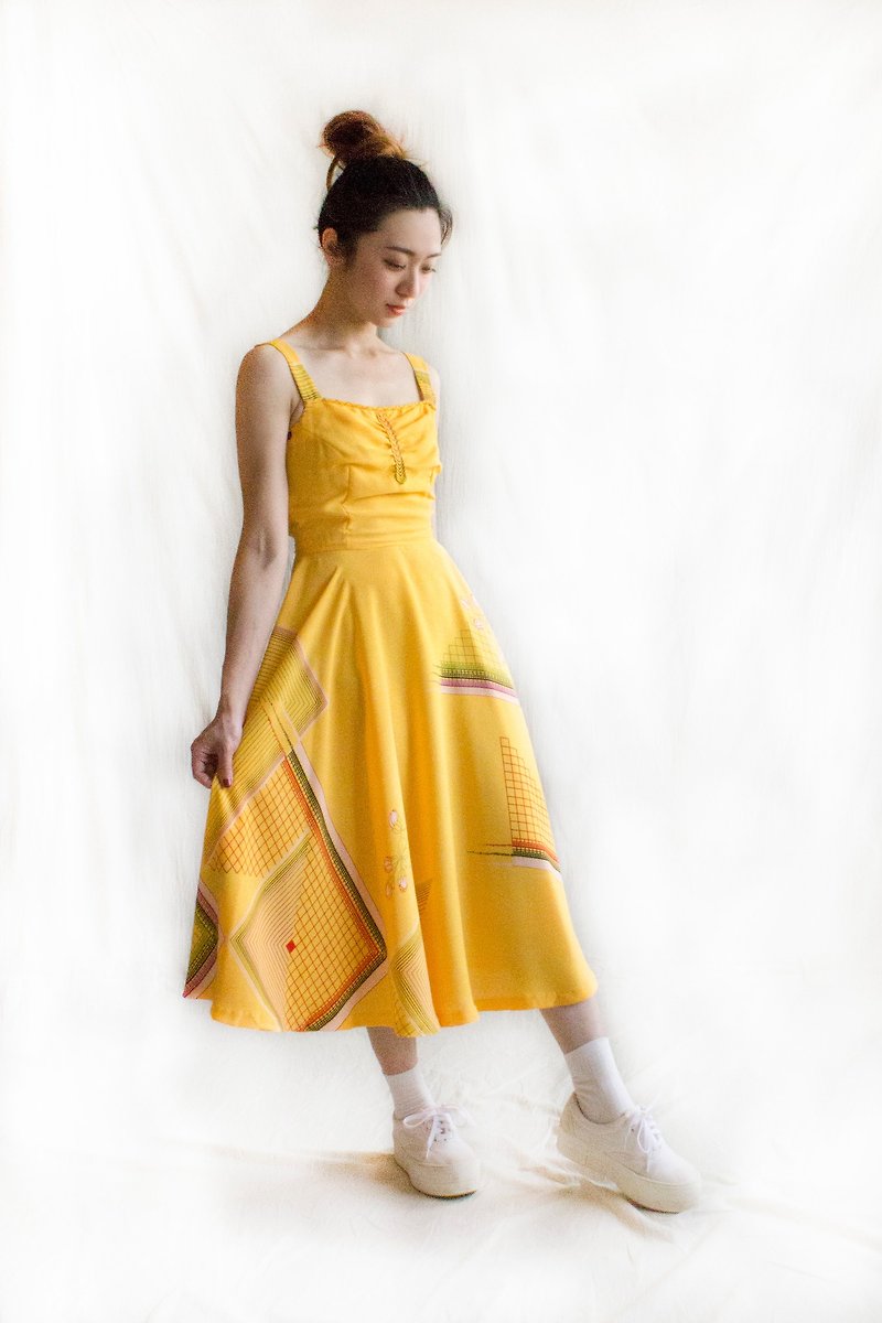 夏日夕陽無袖古著洋裝 - 連身裙 - 聚酯纖維 黃色
