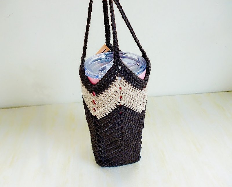 Plain black ramie hand crochet universal woven bag ice master cup thermos Mason bottle - ถุงใส่กระติกนำ้ - ผ้าฝ้าย/ผ้าลินิน สีดำ