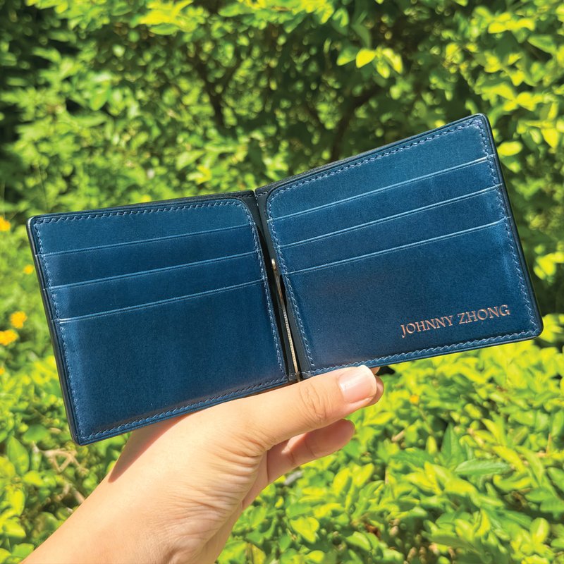 【Money Clip】Blue Buttero | Slim | Handmade Leather in Hong Kong - กระเป๋าสตางค์ - หนังแท้ สีน้ำเงิน