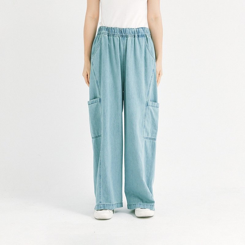 【Simply Yours】Denim stitched wide pants blue F - Women's Pants - Cotton & Hemp 