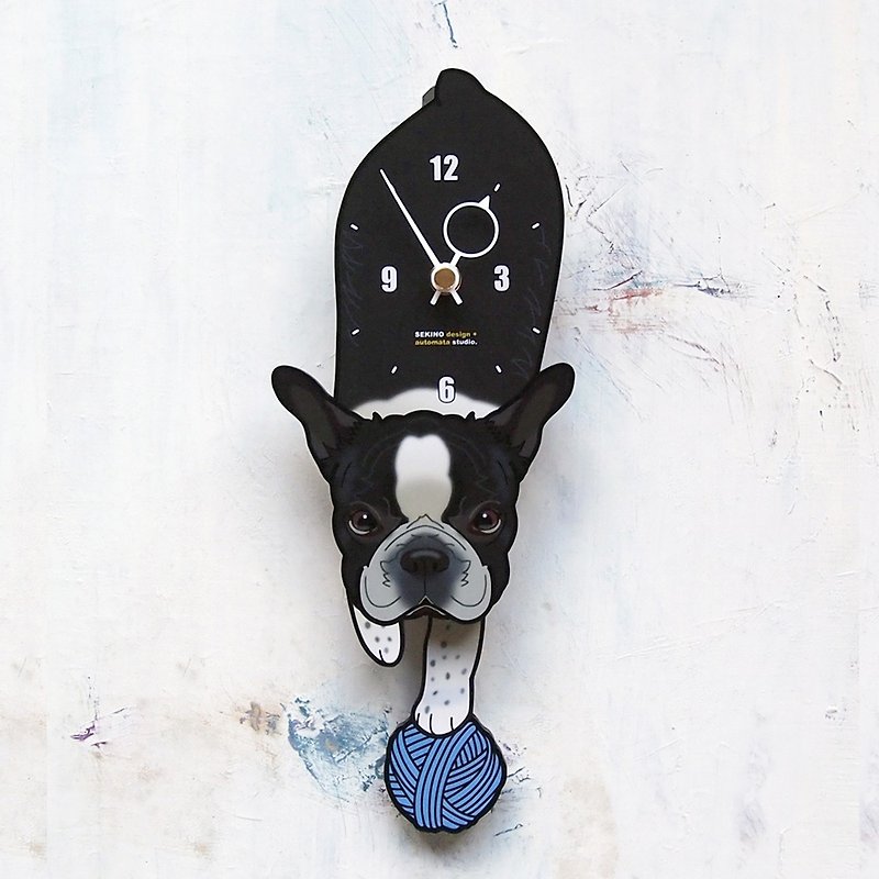 D-056 フレンチブル白黒-犬の振子時計 - 時計 - 木製 ブラック