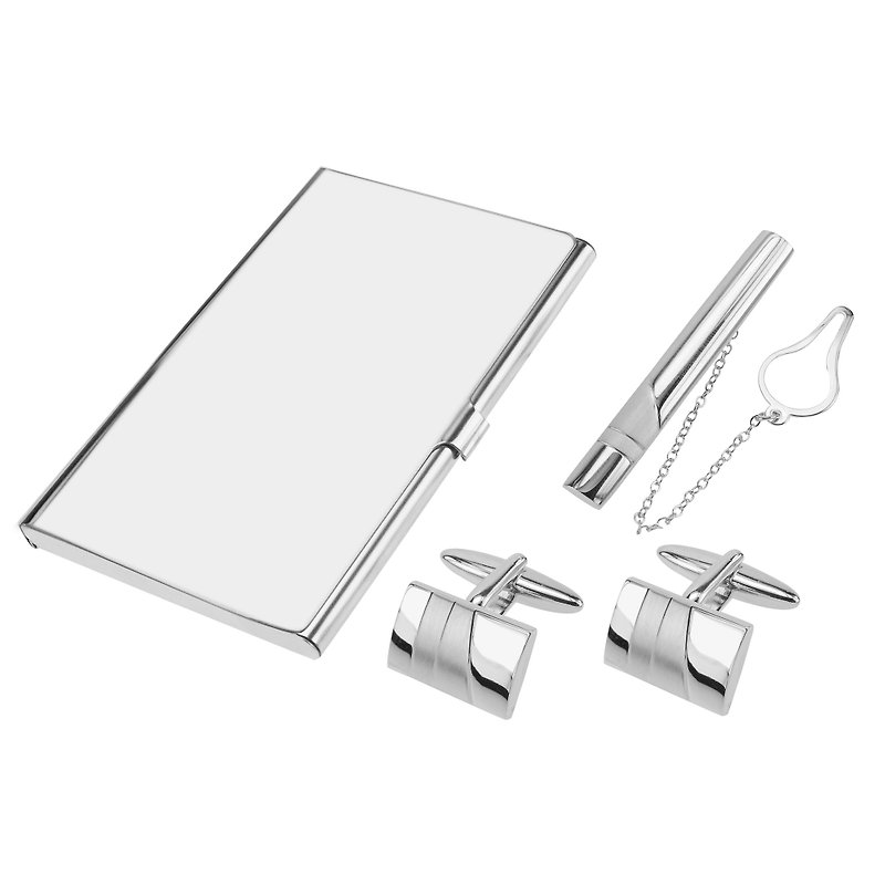 Shiny and Brush Silver Cufflinks Tie Clip and Card Holder Set - Cuff Links - Other Metals Silver