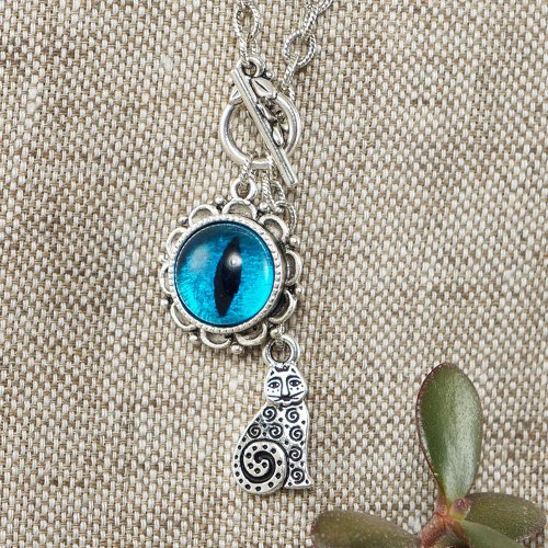 AGATIX Blue Glass Cat Eye Necklace Silver Cat Evil Eye Protection Necklace Jewelry Gift