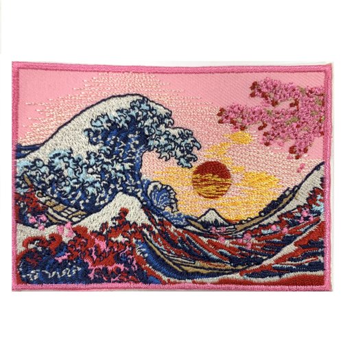 A-ONE 神奈川沖浪裡 粉紅櫻花 日本浮世繪 PATCH 刺繡背膠補丁 袖標 布