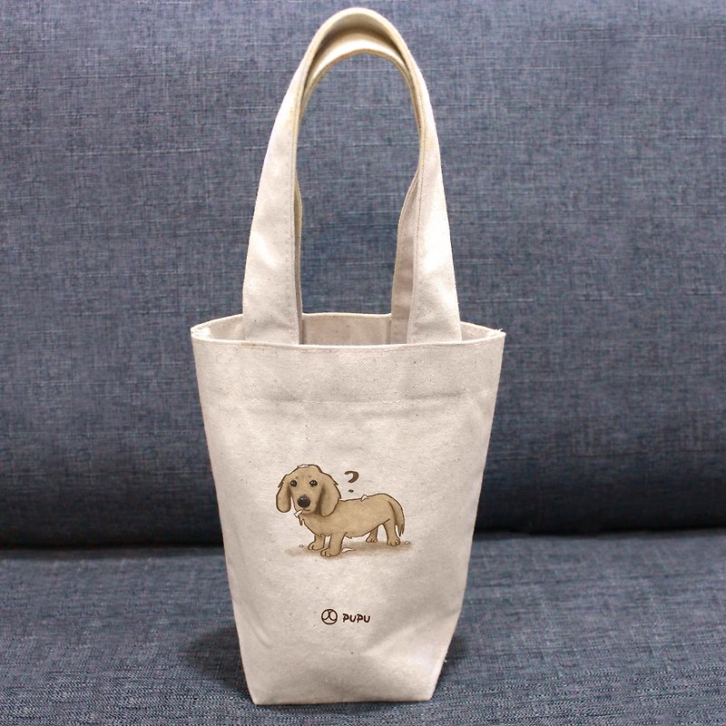 臘腸-問號---台灣製棉麻布-文創柴犬-環保-飲料提袋-蒼蠅星球 - 手提包/手提袋 - 棉．麻 白色