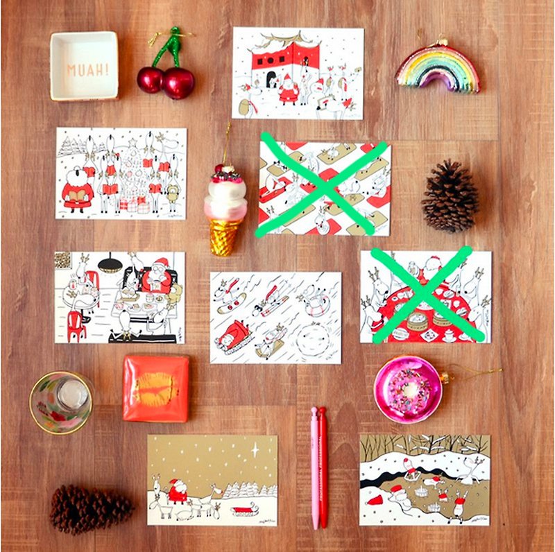 聖誕卡A套餐-新款2018聖誕老人與麋鹿日常明信片 :1-7 號(6張入) - 心意卡/卡片 - 紙 紅色