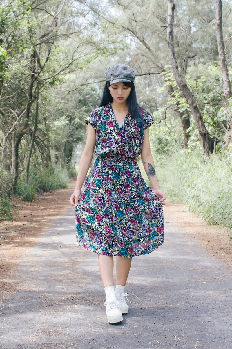 Paper-cut pattern half sleeve vintage dress - One Piece Dresses - Polyester Multicolor