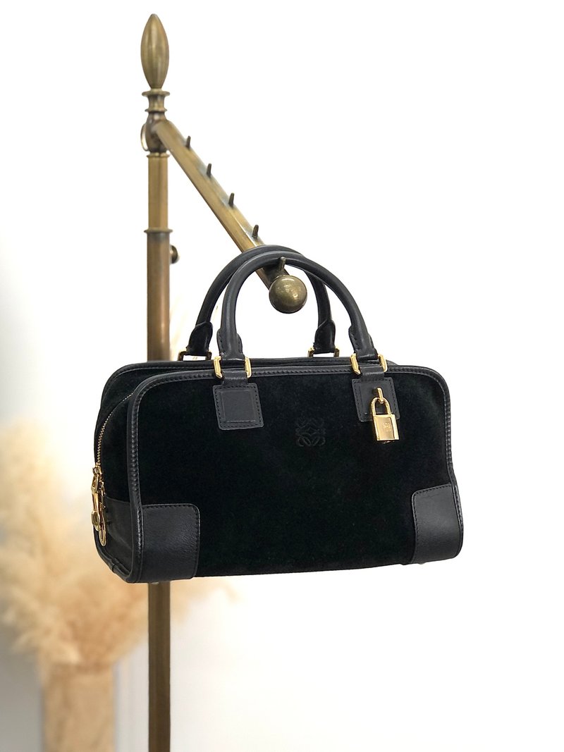 [Direct from Japan, branded used bag] LOEWE Amazona 28 handbag, black, monogram, suede, mini Boston, vintage, old, skijmf - Handbags & Totes - Genuine Leather Black