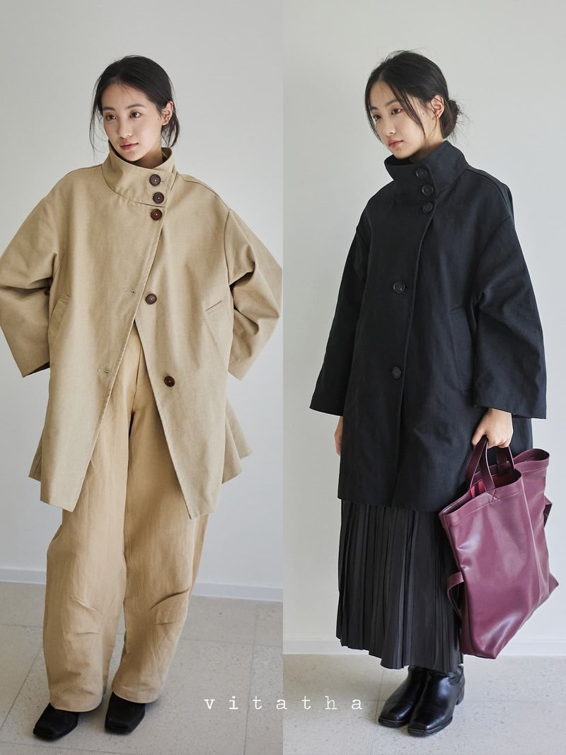 風之賦 秋冬通勤休閒立翻領外套 牛角扣廓形中長款風衣 - 女大衣/外套 - 棉．麻 卡其色