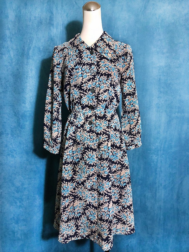 Ping-pong vintage [Vintage dress / blue flowers eight sleeve vintage dress] bring back VINTAGE - One Piece Dresses - Polyester Blue