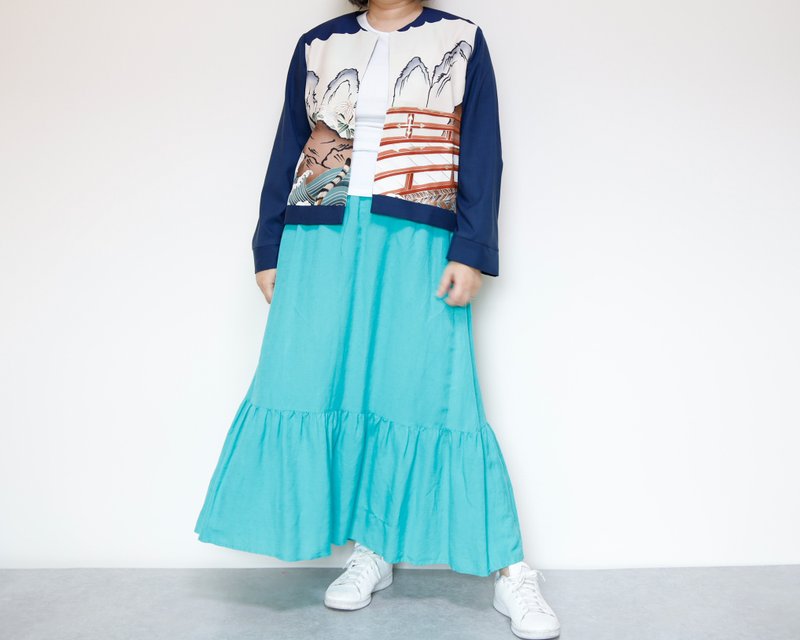 KIMONO CREW NECK JACKET -ヴィンテージ着物を使ったクルーネックジャケット １点物です - 女大衣/外套 - 聚酯纖維 藍色