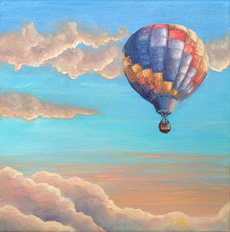 Hot Air Balloon Painting, Handmade Colorful Art, Original Painting, Clouds Art - โปสเตอร์ - วัสดุอื่นๆ หลากหลายสี