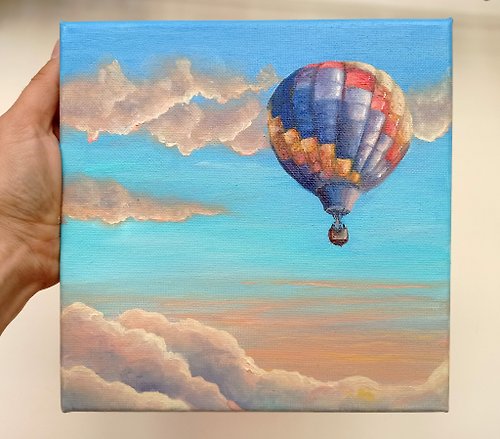 熱気球の絵、手作りのカラフルなアート、オリジナルの絵、雲の
