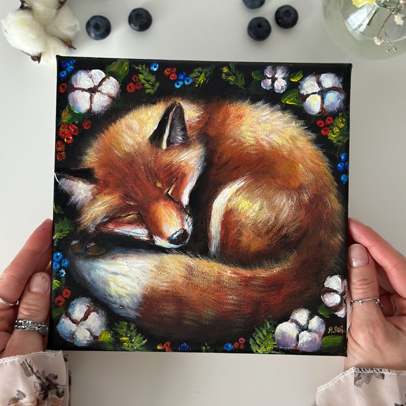 Sleeping fox painting, Fox wall art, Fox room decor, Forest animals, Fox poster - 壁貼/牆壁裝飾 - 棉．麻 黑色