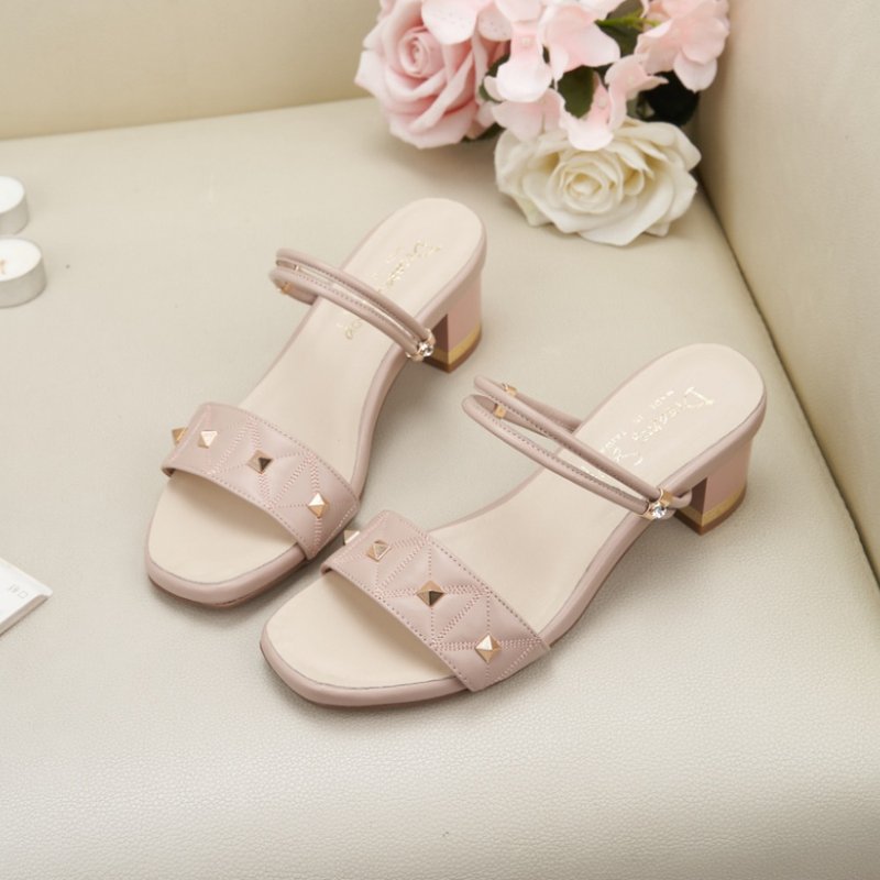 2Way_Rivet one-piece strap two-wear square toe low-heeled sandals nude pink - Sandals - Genuine Leather Pink