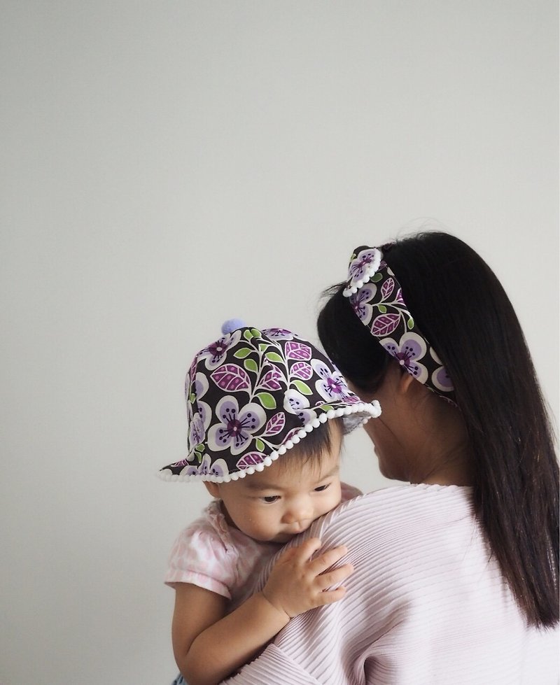 紫の花の綿の帽子ヘアピンヘアバンドのスーツ - 出産祝い用贈物 - コットン・麻 パープル