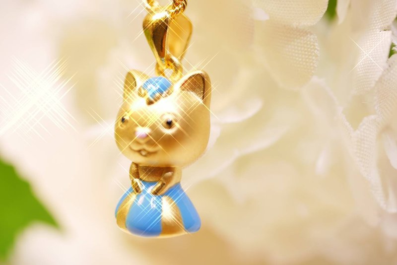 貓主人墜子(硬金) - 項鍊 - 24k 金 藍色