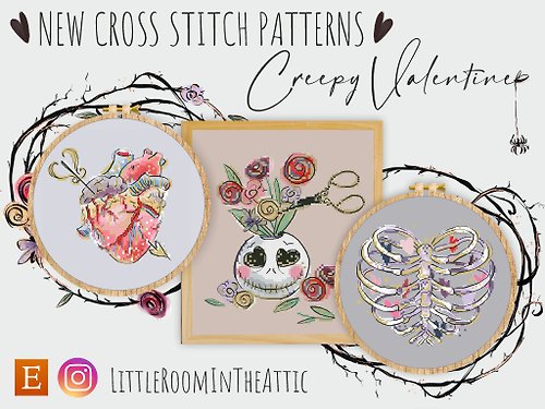 LittleRoomInTheAttic Creepy Valentine: Set of 3 PDF cross stitch patterns