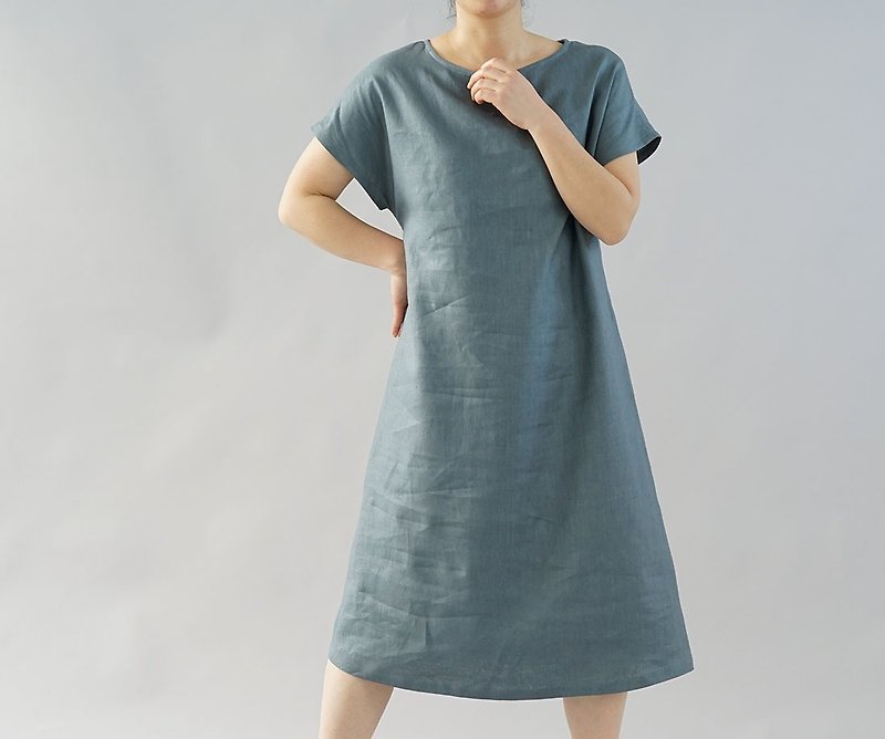 wafu  linen dress / midi length / kimono sleeve / round neck / bluegreen a8-52 - One Piece Dresses - Cotton & Hemp Blue