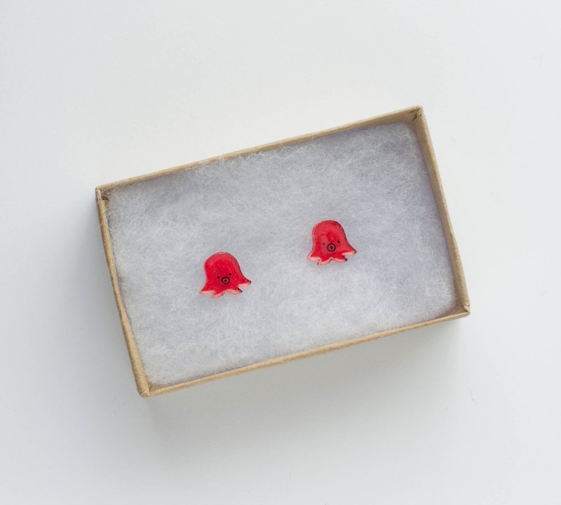 Hand-painted octopus sausage earrings ear clip - ต่างหู - พลาสติก สีแดง