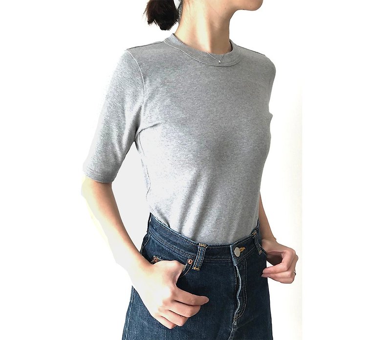 Ribbed knitting cut adult adhering to shape  LIGHT GRAY - Women's T-Shirts - Cotton & Hemp Gray