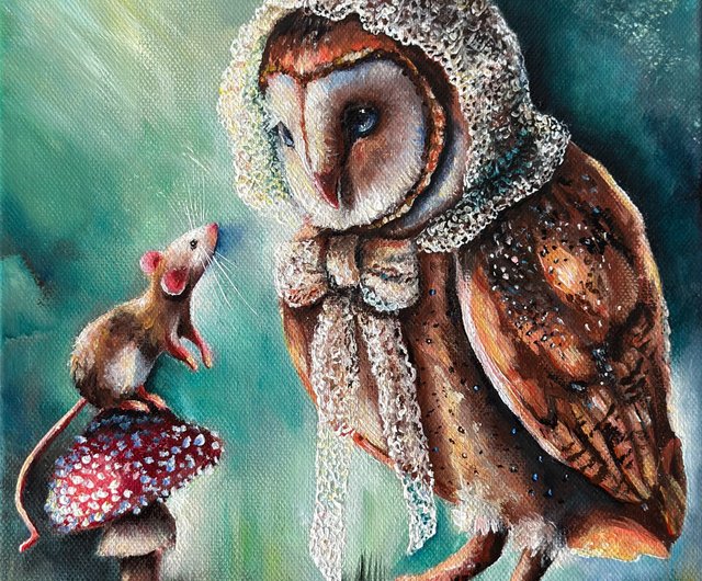キャンバスに描かれたフクロウのオリジナル絵画 フクロウと