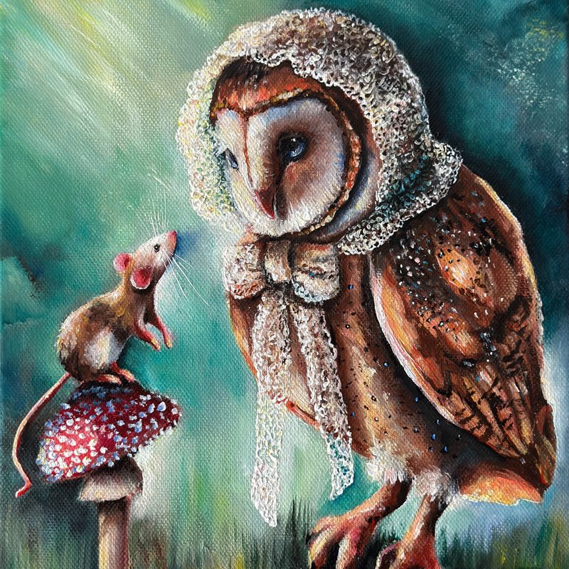 Owl original painting on canvas Owl and Mouse Owl wall art Forest art Owl poster - 壁貼/牆壁裝飾 - 棉．麻 多色