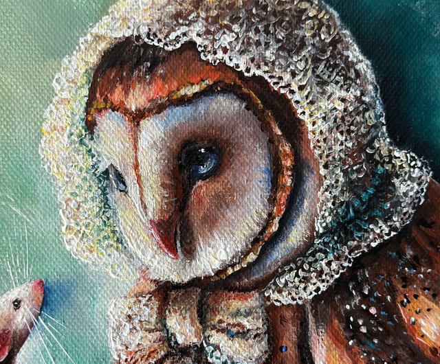 フクロウ キャンバスアート　原画　手描き　絵画　イラスト　インテリア キャンバスに描かれたフクロウのオリジナル絵画 フクロウと