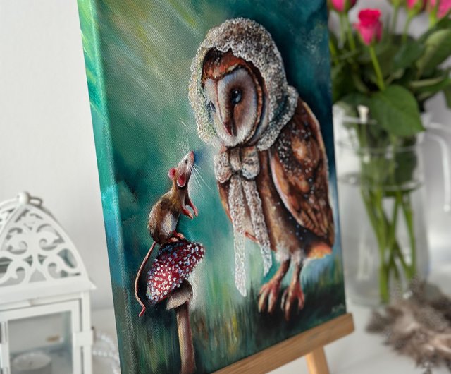 フクロウ キャンバスアート　原画　手描き　絵画　イラスト　インテリア フクロウ キャンバスアート 原画 手描き 絵画 イラスト