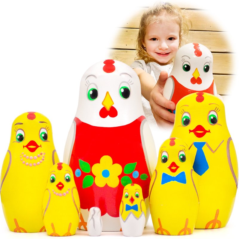 Chicken Nesting Dolls Set 7 Pcs - Easter Decorations - Chicken Toys for Kids - ของเล่นเด็ก - ไม้ สีเหลือง