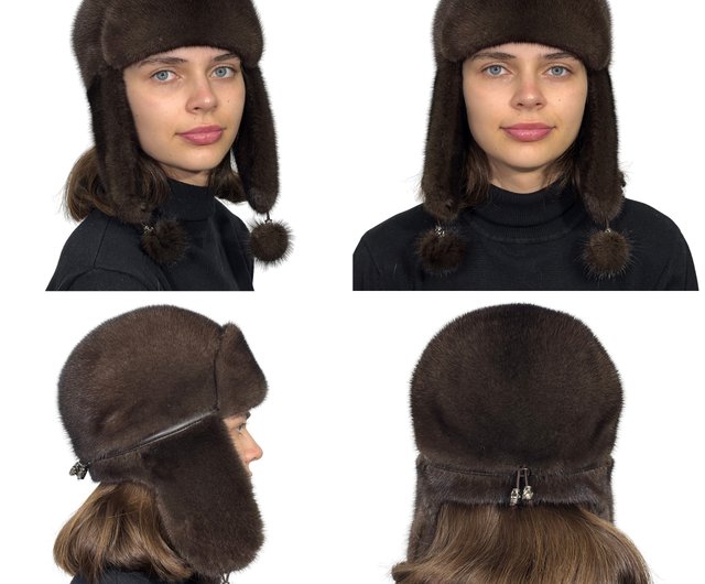 ミンク毛皮 帽子・ウシャンカ・ロシア帽 ヴィンテージボンバーキャップ Ushanka 毛皮の帽子レディースミンク帽子耳介帽子毛皮トラッパーハット