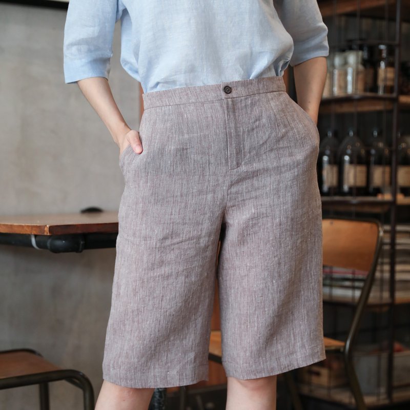 Natural Linen Three-Quarter Pants Elasticated waists and Pockets - Light Brown - 女長褲 - 亞麻 咖啡色