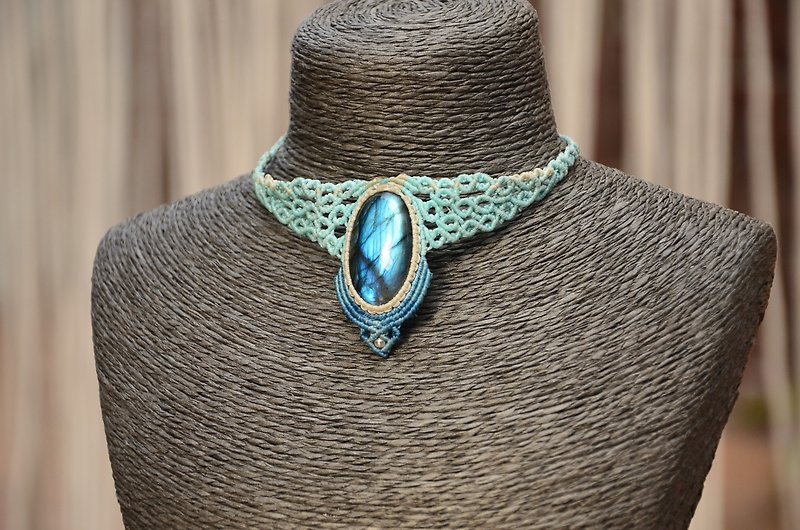 織途- -拉長石-手制花邊編織項鍊 - 項鍊 - 寶石 藍色