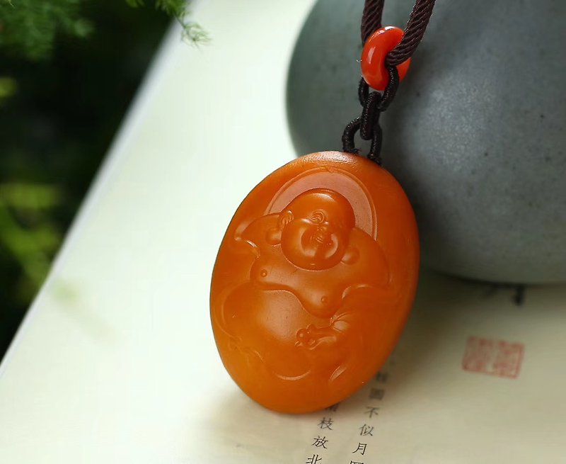 [New store welfare price] natural Hetian jade Maitreya Buddha pendant / Sugong fine carving / high-grade braided rope necklace - Necklaces - Gemstone 
