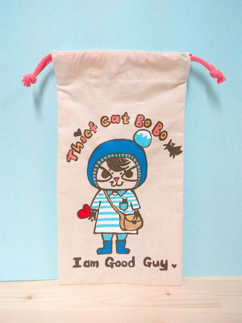 Hand-painted hand-made Thief cat BoBo Wenqing little thief cat treasure multi-purpose storage rope bag - Toiletry Bags & Pouches - Cotton & Hemp White
