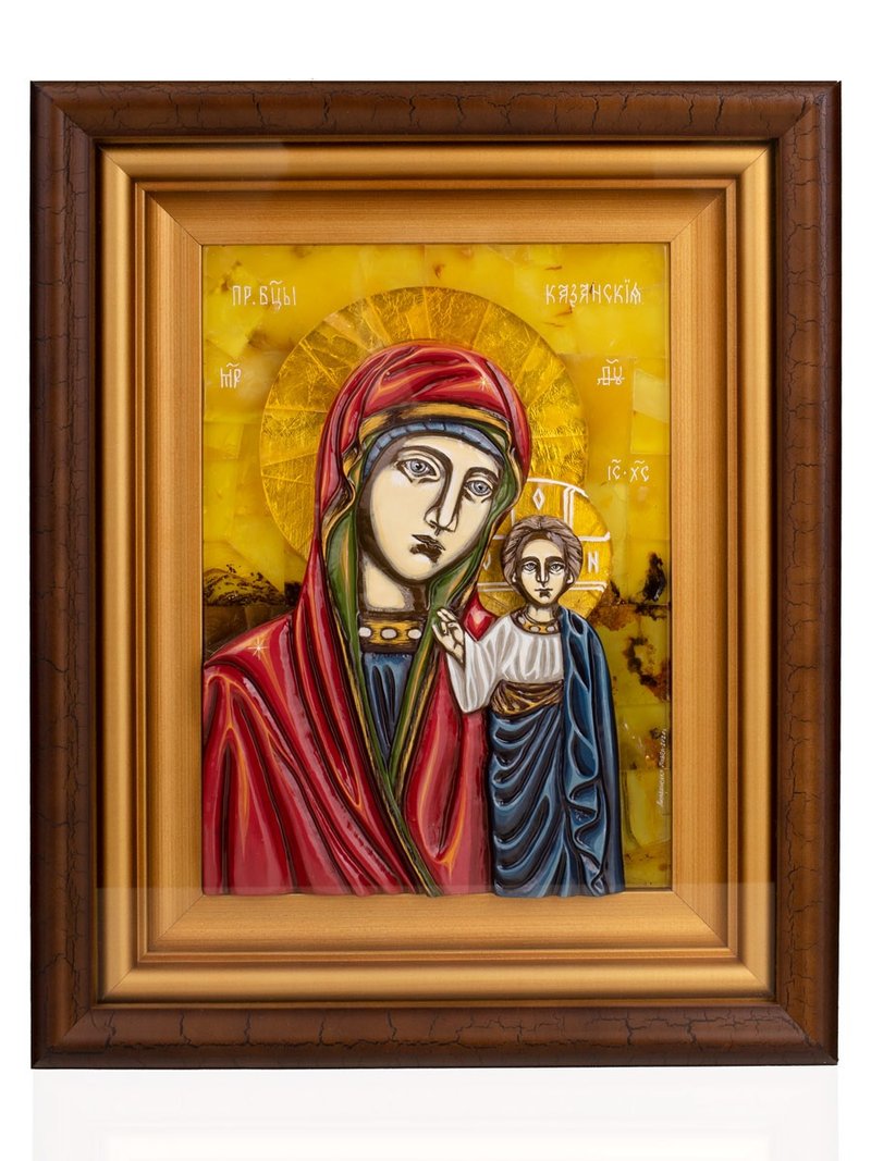 Hand painted icon with natural Baltic amber Blessed Virgin,Religious Home decor - 壁貼/牆壁裝飾 - 寶石 咖啡色